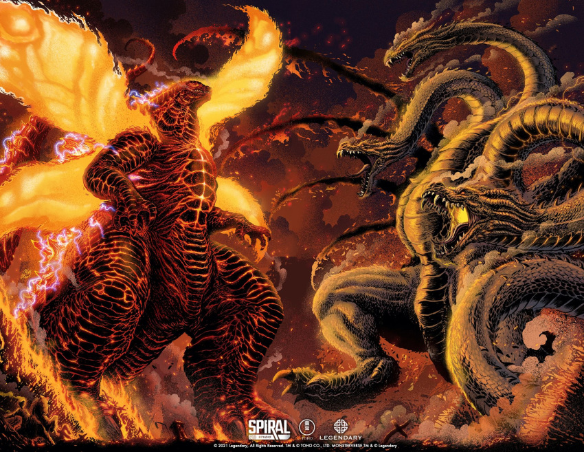 animal_ears battle bioluminescence burning_godzilla claws colored_sclera damaged destruction dragon dragon_horns dragon_wings electricity energy_wings fangs fire giant giant_monster glowing glowing_eyes glowing_mouth glowing_wings godzilla godzilla:_king_of_the_monsters godzilla_(monsterverse) godzilla_(series) gold_skin highres horns kaijuu king_ghidorah king_ghidorah_(monsterverse) matt_frank monster monsterverse multiple_heads multiple_tails no_humans open_mouth orange_eyes red_sclera scales sharp_teeth sky smoke spikes spines standing tail teeth wings yellow_eyes