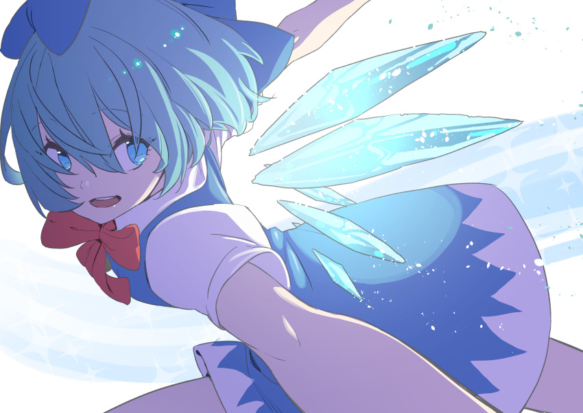 :d absurdres backlighting blue_bow blue_dress blue_eyes blue_hair bow bowtie breasts cirno commentary dress feet_out_of_frame female foreshortening from_side hair_between_eyes hairbow highres ice ice_wings kawayabug light_particles looking_to_the_side open_mouth outstretched_arms pinafore_dress puffy_short_sleeves puffy_sleeves red_bow red_bowtie shirt short_hair short_sleeves sleeveless sleeveless_dress small_breasts smile solo sparkle touhou upper_body white_background white_shirt wings