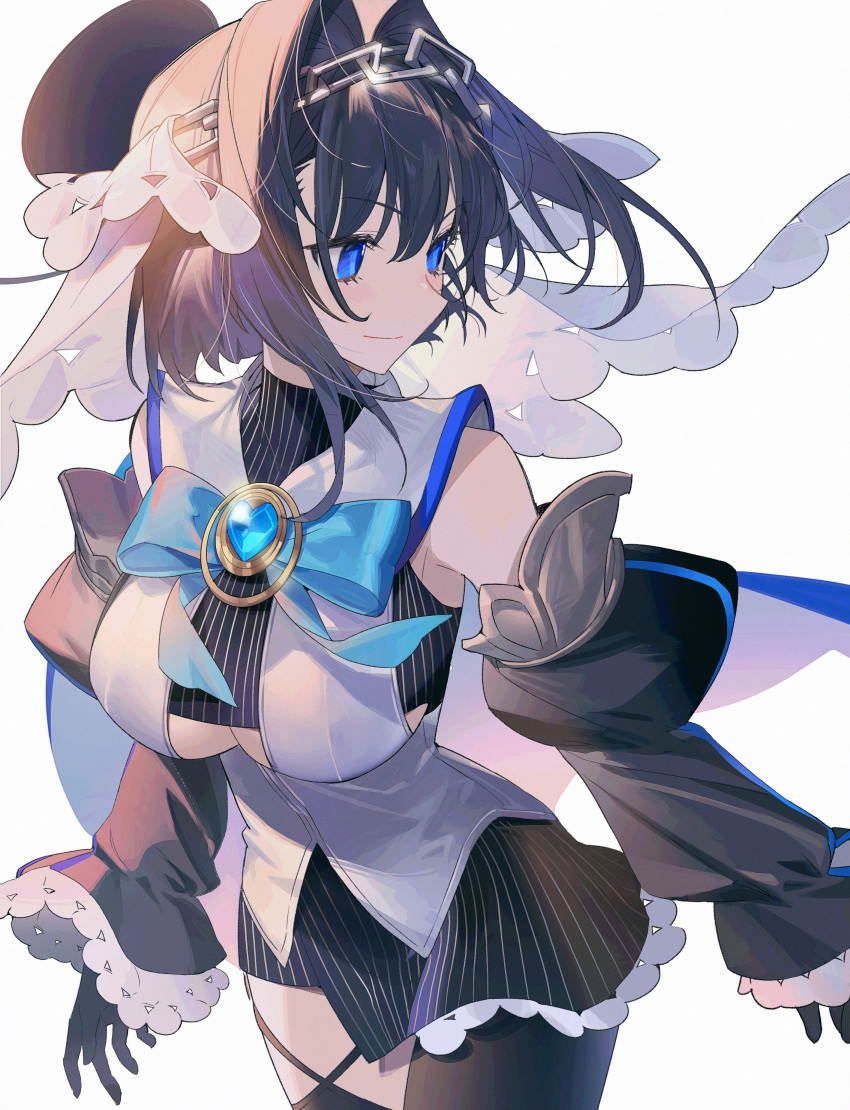 absurdres asymmetrical_legwear black_gloves black_hair black_skirt black_thighhighs blue_bow blue_bowtie blue_eyes bow bowtie breasts chain_headband chains closed_mouth commentary cowboy_shot detached_sleeves female gem gloves hair_intakes headband heart highres hololive hololive_english juliet_sleeves large_breasts long_sleeves looking_away looking_to_the_side ouro_kronii puffy_sleeves seoji shirt short_hair simple_background single_leg_pantyhose single_thighhigh skirt solo standing striped_clothes striped_skirt thighhighs uneven_legwear vertical-striped_clothes vertical-striped_skirt virtual_youtuber white_background white_shirt