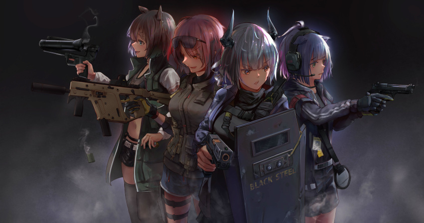 4girls absurdres animal_ears arknights ballistic_shield beretta_92 blue_eyes brown_hair cat_ears catapult_(arknights) commentary dragon_horns english_commentary exusiai_(arknights) exusiai_(wild_operation)_(arknights) finger_on_trigger glock gloves goggles goggles_on_head grenade_launcher grey_hair gun h&k_ag36 handgun headset highres holding holding_gun holding_weapon horns horse_ears id_card jacket jessica_(arknights) kriss_vector liskarm_(arknights) midriff multiple_girls official_alternate_costume orange_eyes purple_hair red_hair shield short_shorts shorts simple_background smoke submachine_gun suppressor thighhighs track_jacket trigger_discipline weapon xiao_po_qie