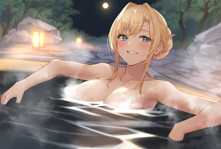 bath blonde_hair blue_eyes blush breasts commission covered_nipples dripping female full_moon granblue_fantasy grin highres hot_tub lantern large_breasts looking_at_viewer moon navel night nude onsen outdoors partially_submerged relaxing renzu_(lens_02) seductive_smile skeb_commission smile solo steam steaming_body sweat sweatdrop tree upper_body wet zeta_(granblue_fantasy)