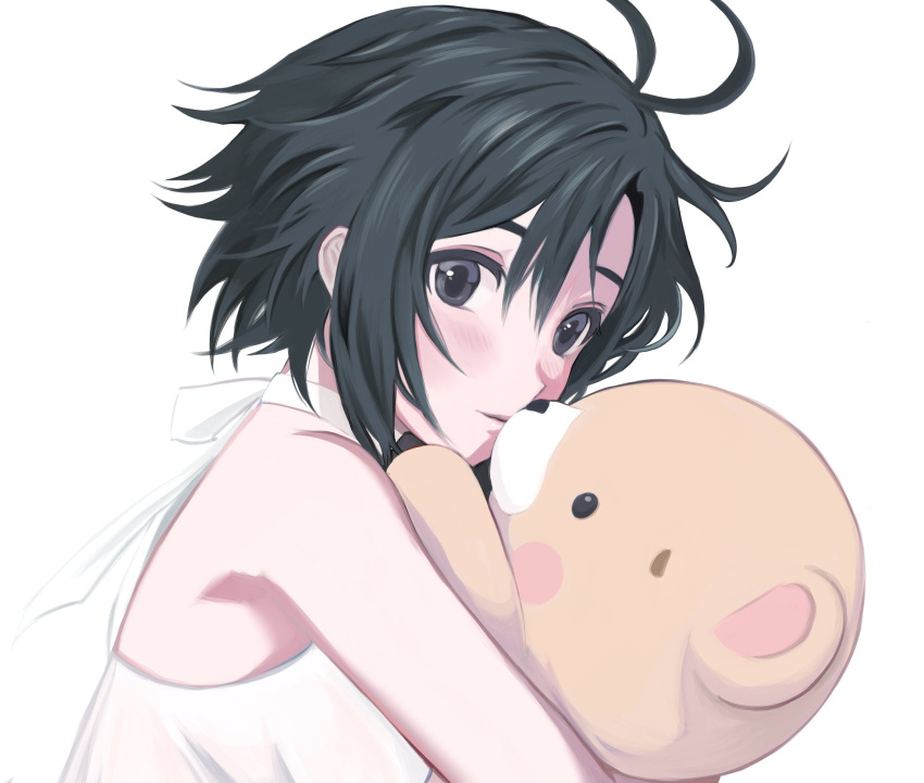 antenna_hair bad_id bad_twitter_id bare_arms bare_shoulders black_hair blush blush_stickers close-up closed_mouth dress expressionless female grey_eyes hair_between_eyes halterneck hd_(sw4189101) highres holding holding_stuffed_toy hugging_object idolmaster kikuchi_makoto looking_at_viewer short_hair simple_background sleeveless sleeveless_dress solo stuffed_animal stuffed_toy sundress teddy_bear upper_body white_background white_dress