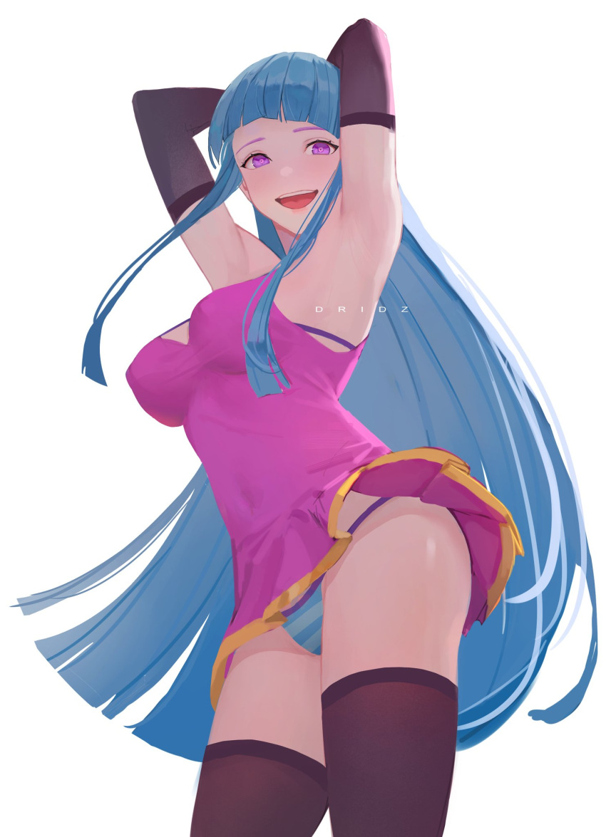 :d armpits arms_up bare_shoulders bikini bikini_bottom_only bikini_under_clothes black_gloves black_thighhighs blue_hair blue_panties blunt_bangs breasts commentary cowboy_shot dancing dress drid elbow_gloves female gloves highres large_breasts long_hair looking_at_viewer me!me!me! me!me!me!_dance_(meme) meme meme_(me!me!me!) microdress panties pink_dress purple_eyes simple_background smile solo standing striped_bikini striped_clothes striped_panties swimsuit thighhighs thighs underwear very_long_hair white_background