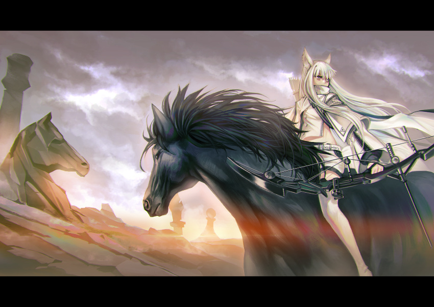 absurdres animal_ear_fluff animal_ears arknights arrow_(projectile) bow_(weapon) brown_eyes cloak compound_bow female high_collar highres hjz_(artemi) holding holding_bow_(weapon) holding_weapon horse horse_ears horse_tail letterboxed long_hair looking_to_the_side outdoors platinum_(arknights) quiver riding shorts solo tail thighhighs weapon white_cloak white_hair white_thighhighs