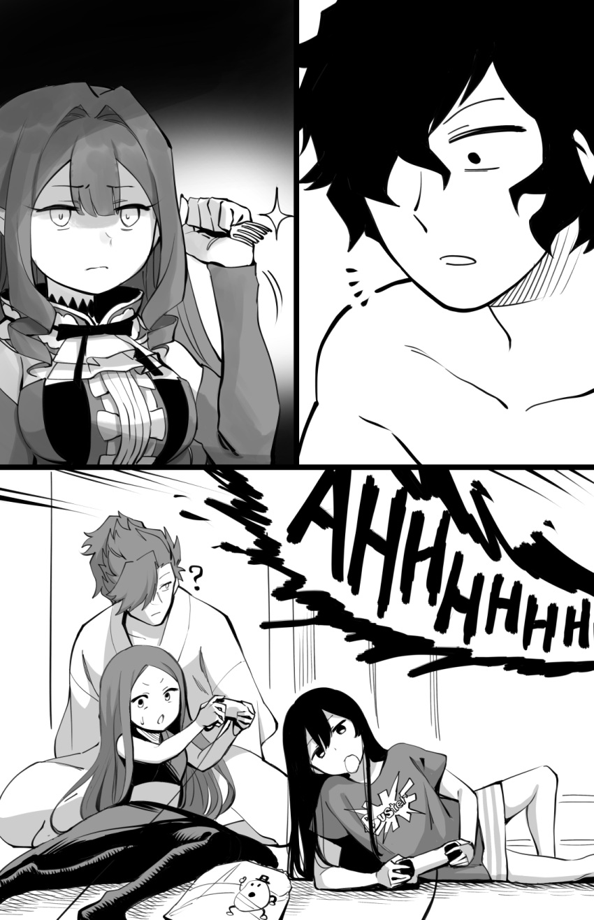 2boys 3girls ? akizora buster_shirt chacha_(fate) chips controller fairy_knight_tristan_(fate) fate/grand_order fate_(series) food fork greyscale highres long_hair monochrome mori_nagayoshi_(fate) multiple_boys multiple_girls oda_nobunaga_(fate) oda_nobunaga_(koha/ace) okada_izou_(fate) playing_games ponytail potato_chips screaming skirt