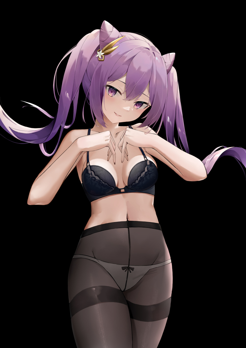 absurdres black_background black_bra black_panties black_pantyhose bow bow_panties bra breasts cone_hair_bun crotch_seam female foruse genshin_impact hair_bun head_tilt high-waist_pantyhose highres keqing_(genshin_impact) navel panties panties_under_pantyhose pantyhose parted_lips purple_eyes purple_hair simple_background smile solo standing thighband_pantyhose thighs twintails underwear