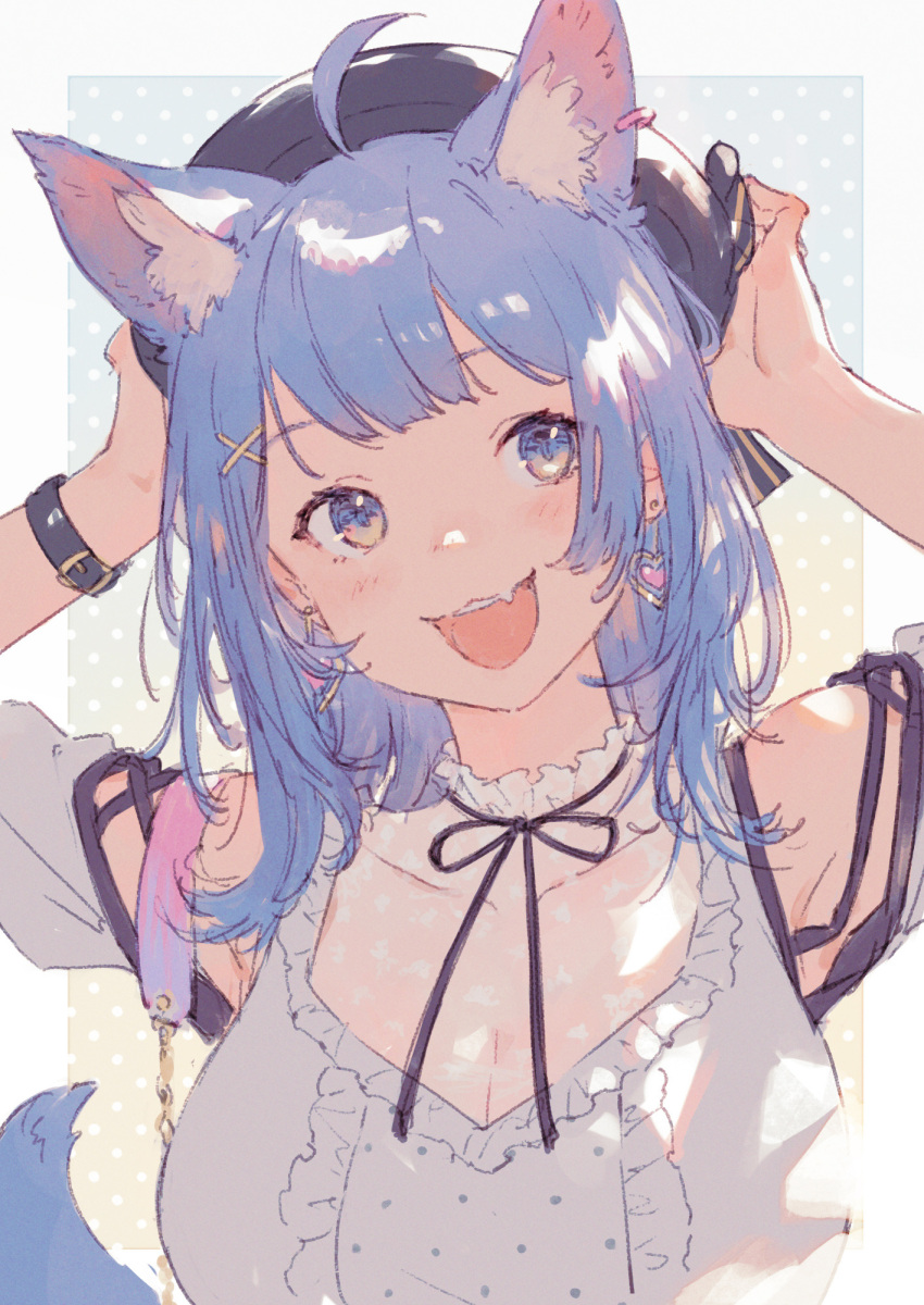 :3 :d ahoge animal_ears animare bangs beret black_ribbon blue_eyes blue_hair blunt_bangs cat_ears cat_tail center_frills commentary drop_earrings earrings female frills hands_on_own_head hands_up hat heart heart_earrings highres jewelry junwool looking_to_the_side medium_hair multicolored_eyes neck_ribbon oerba_yun_fang open_mouth ribbon see-through shirt smile solo souya_ichika tail upper_body virtual_youtuber white_shirt wristband