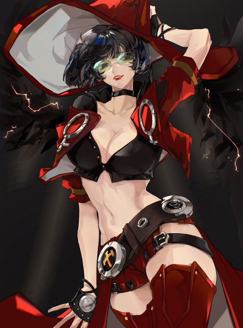 arm_up belt black_background black_choker black_hair bob_cut boots breasts choker cleavage collarbone electricity female found_modori green-tinted_eyewear guilty_gear guilty_gear_strive hat highres i-no jacket large_hat looking_at_viewer midriff mole mole_above_mouth navel red_footwear red_hat red_jacket short_hair simple_background smile solo stomach sunglasses thigh_boots tinted_eyewear venus_symbol wings witch_hat