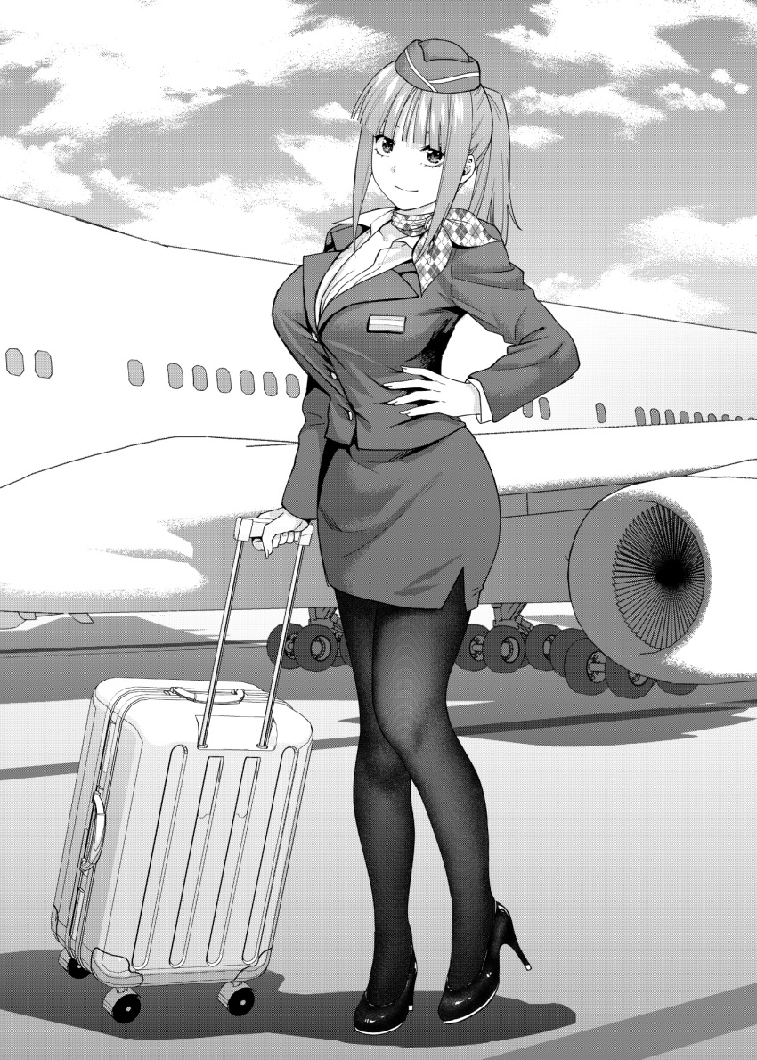 aircraft airplane blunt_bangs boeing_747 breasts cleavage cloud commentary_request day employee_uniform female flight_attendant flight_attendant_hat full_body garrison_cap go-toubun_no_hanayome greyscale hand_on_own_hip hat high_heels high_ponytail highres holding holding_suitcase kosmos_beta large_breasts long_hair long_sleeves looking_at_viewer monochrome nakano_nino outdoors pantyhose pencil_skirt ponytail rolling_suitcase scarf shirt sidelocks skirt skirt_suit sky smile solo standing suit suitcase travel_attendant uniform