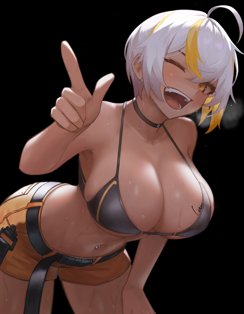 absurdres arc2urus belt bikini bikini_top_only black_background blonde_hair blush breasts buckle choker cleavage commentary dark-skinned_female dark_skin female highres large_breasts leaning_forward looking_at_viewer luvdia multicolored_hair navel navel_piercing no_shirt one_eye_closed open_mouth orange_shorts park_dona piercing short_hair shorts simple_background snap-fit_buckle solo stomach streaked_hair sweat swimsuit variant_set virtual_youtuber white_hair yellow_eyes