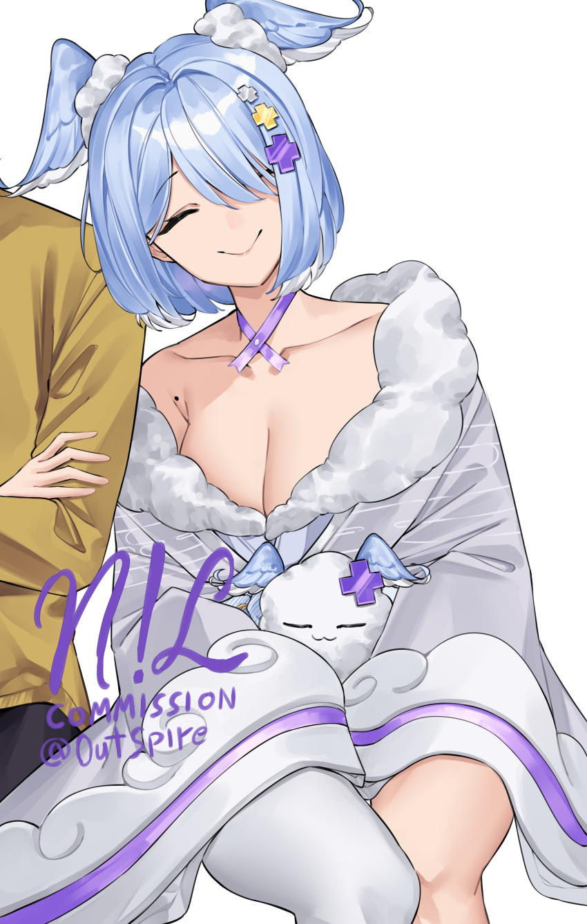 1boy ^_^ absurdres blue_eyes blue_hair breasts cleavage closed_eyes collarbone commission elira_pendora elira_pendora_(2nd_costume) english_commentary famelira_(elira_pendora) female fur_trim grey_kimono hair_over_one_eye head_wings highres holding_another's_arm japanese_clothes kimono medium_breasts mole nijisanji nijisanji_en nillith official_alternate_costume one_eye_covered sitting smile solo_focus straight virtual_youtuber white_background wings