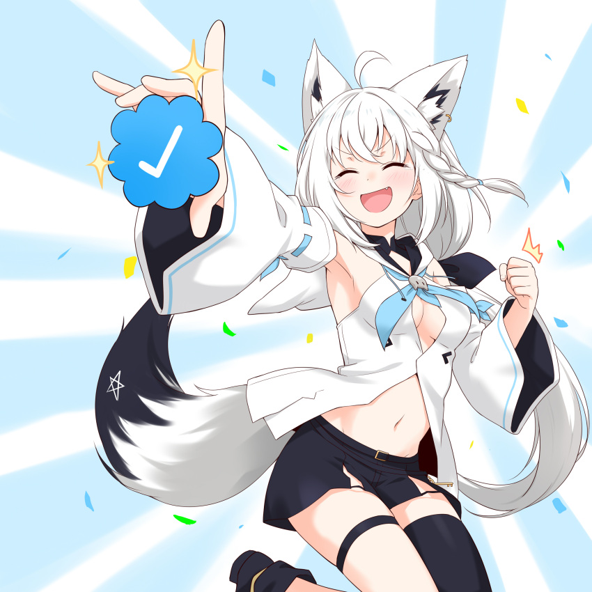 absurdres ahoge animal_ears bare_shoulders black_footwear black_shorts black_thighhighs blue_neckerchief braid clenched_hand closed_eyes commentary detached_sleeves ear_piercing felutiahime female fox_ears fox_girl fox_tail front_slit highres hololive jumping long_hair low_ponytail navel neckerchief oerba_yun_fang open_mouth outstretched_arm pentagram piercing ponytail shirakami_fubuki shirakami_fubuki_(1st_costume) shirt short_shorts shorts side_braid single_thighhigh solo symbol-only_commentary tail tearing_up thigh_strap thighhighs twitter twitter_verified_checkmark virtual_youtuber white_hair white_shirt wide_sleeves