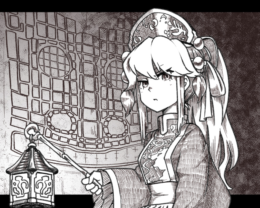 alternate_hairstyle dress female frown greyscale hat holding junko_(touhou) kikoka_(mizuumi) lantern long_hair long_sleeves looking_at_viewer monochrome ponytail sash solo tabard tassel touhou upper_body wide_sleeves