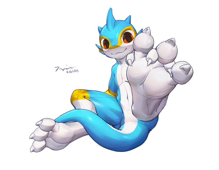 3_toes anthro blue_body claws digital_media_(artwork) dragon fan_character featureless_crotch feet fishy_fizz foot_fetish foot_focus hi_res hindpaw looking_at_viewer male marine mythological_creature mythological_scalie mythology nude paws scalie simple_background sitting smile soles solo spread_legs spreading tail tailbutt tapering_tail thick_tail toes white_background yellow_eyes