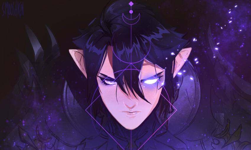 angry armor black_hair close-up deudalaphon_(smooshkin) elezen elf final_fantasy final_fantasy_xiv glowing glowing_eyes hair headshot_portrait hi_res humanoid humanoid_pointy_ears looking_at_viewer magic male mammal not_furry portrait serious signature smooshkin solo square_enix