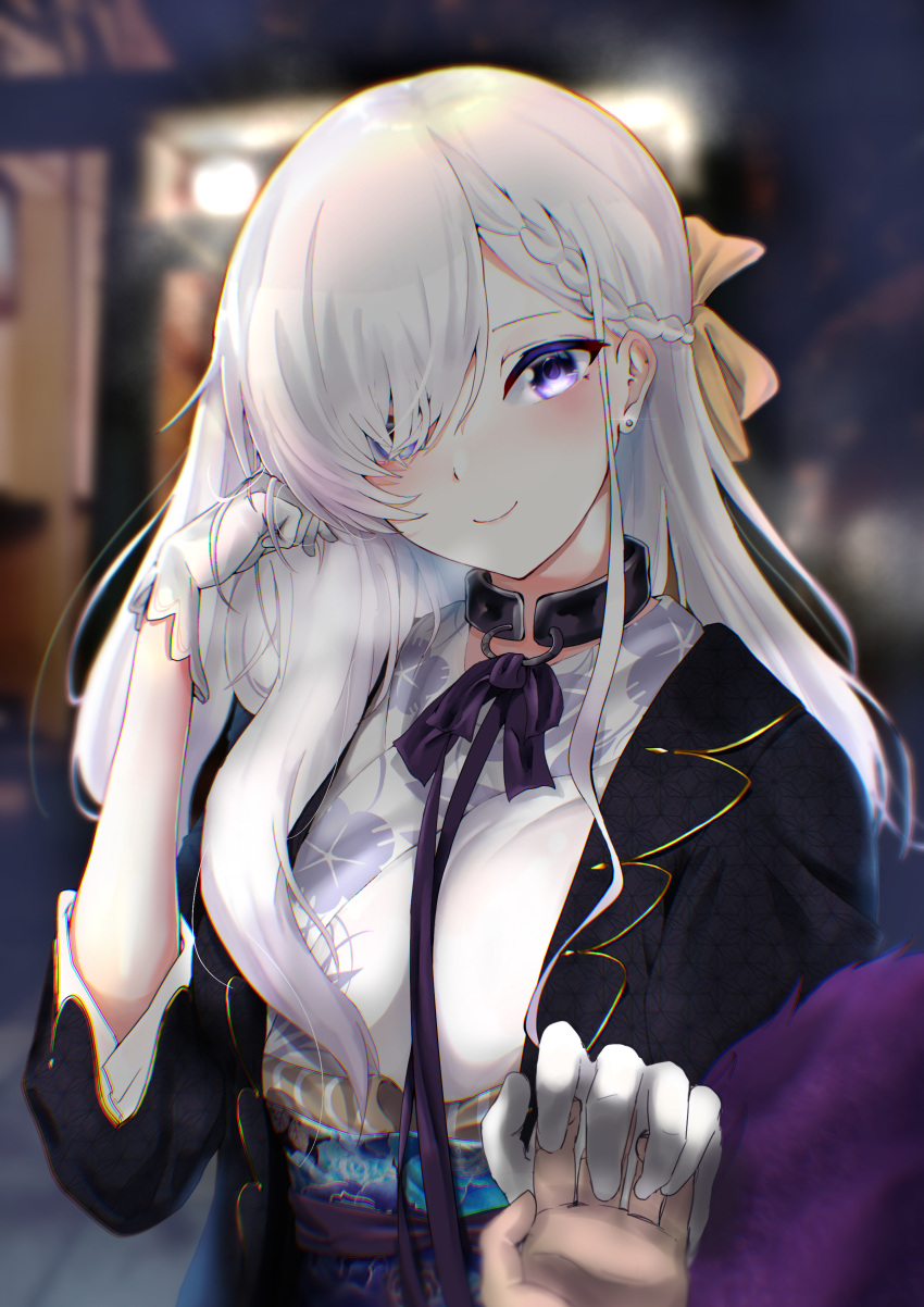 absurdres azur_lane belfast_(azur_lane) belfast_(folded_fascination)_(azur_lane) blush braid breasts closed_mouth collar commentary female french_braid futon_fly_away gloves hair_between_eyes hair_ribbon hand_in_own_hair highres holding_hands japanese_clothes long_hair looking_at_viewer official_alternate_costume purple_eyes ribbon simple_background smile solo_focus upper_body white_gloves white_hair