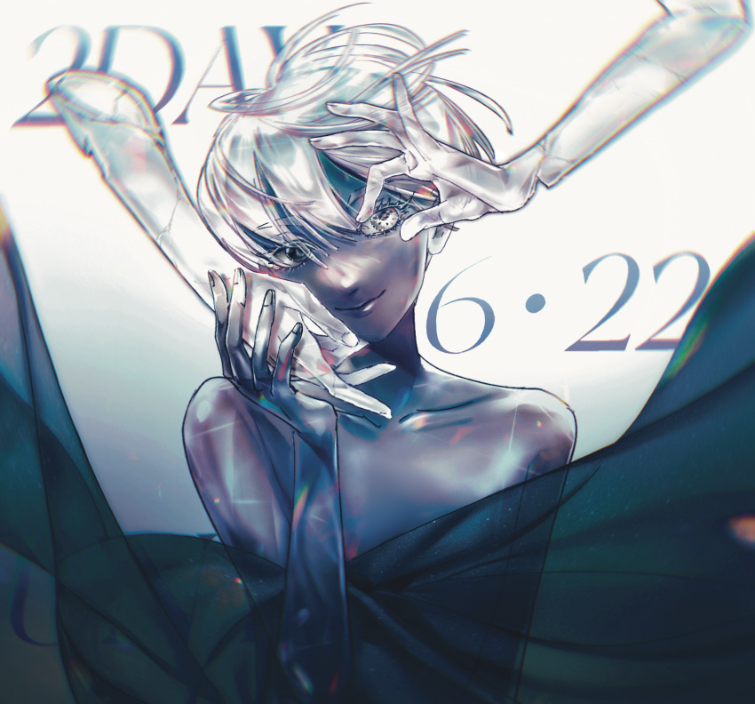 1other androgynous bare_shoulders black_eyes cairngorm_(houseki_no_kuni) cloak closed_mouth commentary_request cracked_skin crystal_hair dark_skin dated eyelashes ghost_quartz_(houseki_no_kuni) glint hand_on_another's_cheek hand_on_another's_face hand_up head_tilt heterochromia highres holding_hands houseki_no_kuni lips long_hair looking_at_viewer other_focus out_of_frame see-through severed_arm severed_limb short_hair sideways_glance smile solo_focus sparkle upper_body white_background white_eyes white_hair ztjasper