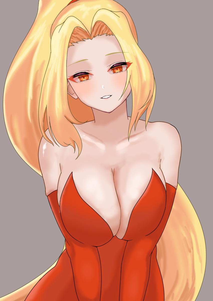 bare_shoulders blonde_hair breasts cleavage collarbone dress elbow_gloves female gloves highres kechakecha21 large_breasts long_hair looking_at_viewer ponytail red_dress red_gloves shynesslady simple_background smile solo star_ocean star_ocean_the_second_story strapless very_long_hair