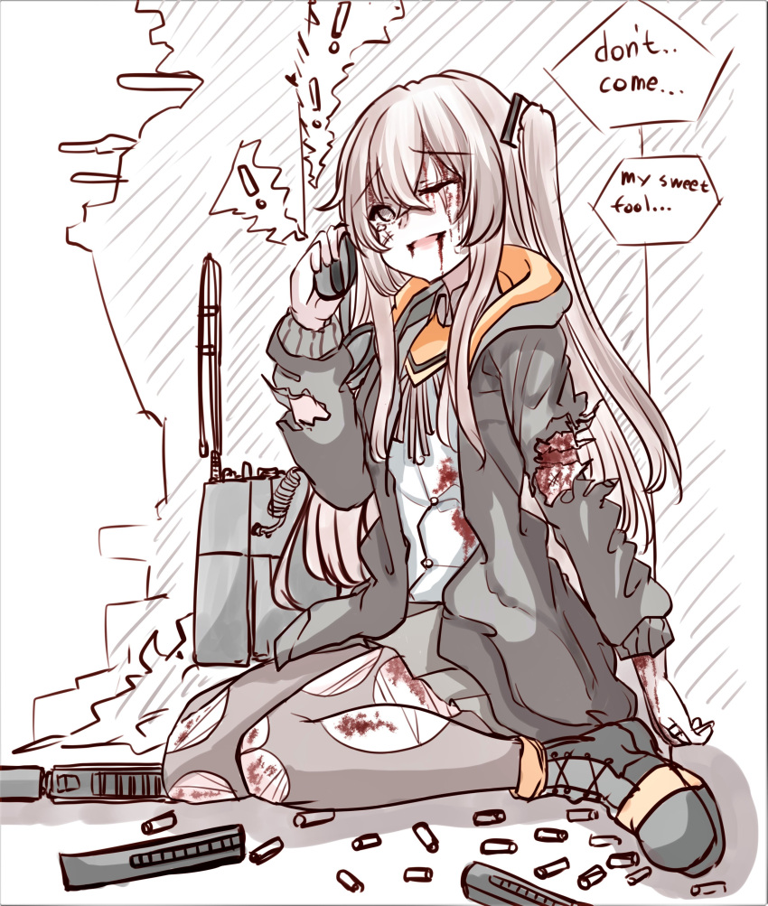 ! absurdres black_footwear black_jacket black_skirt bleeding blood blood_on_clothes blood_on_face boots brown_hair brown_legwear bullet collared_shirt english_commentary english_text female girls'_frontline grey_eyes gun h&k_ump highres holding injury jacket long_hair magazine_(object) one_side_up peroronti radio ribbon shirt simple_background skirt solo speech_bubble submachine_gun tearing_up torn_clothes torn_legwear ump45_(girls'_frontline) weapon white_shirt