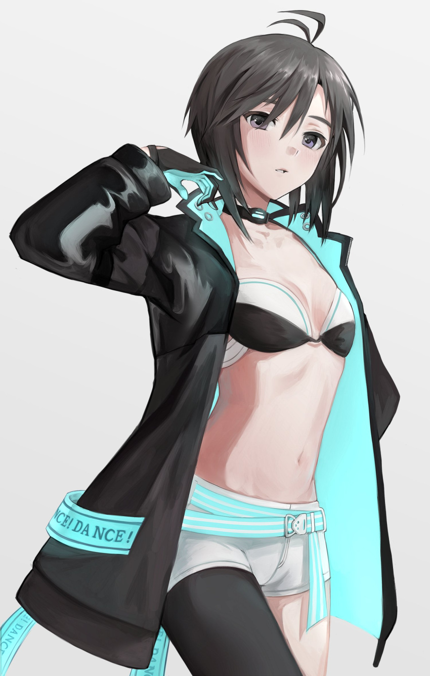 ahoge antenna_hair aqua_belt aqua_gloves aqua_jacket asymmetrical_legwear bad_id bad_twitter_id belt black_bra black_choker black_gloves black_hair black_jacket bra breasts choker cleavage cowboy_shot dance_on_the_galaxy_(idolmaster) female gloves grey_eyes hand_on_own_face hd_(sw4189101) highres idolmaster jacket kikuchi_makoto long_sleeves midriff multicolored_clothes multicolored_jacket navel no_shirt open_clothes open_jacket parted_lips short_hair short_shorts shorts single_thighhigh small_breasts solo standing stomach thighhighs two-sided_fabric two-tone_bra two-tone_gloves two-tone_jacket underwear white_background white_belt white_bra white_shorts