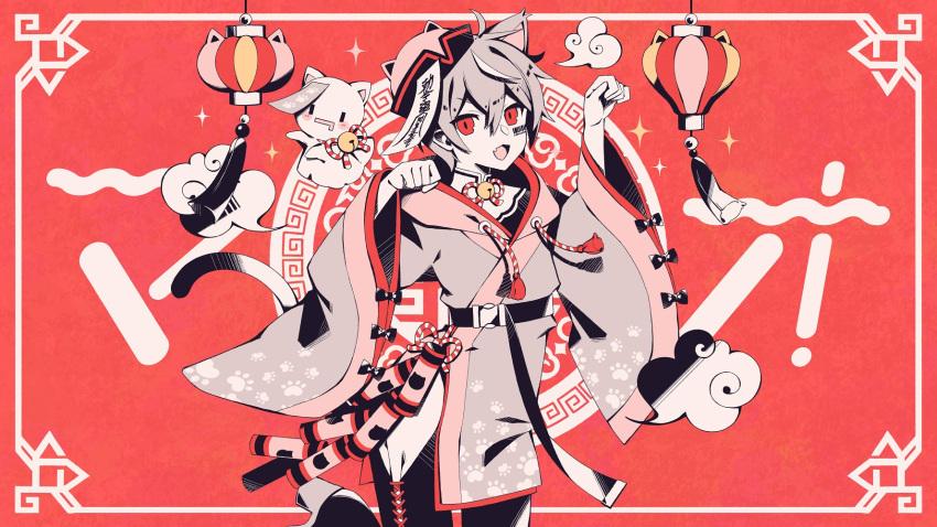 1boy :d barcode barcode_tattoo bell chinese_clothes commentary_request grey_hair hair_between_eyes hands_up hat high_heels highres indie_utaite jingle_bell long_sleeves looking_at_viewer mafumafu mafuteru male_focus mao_(vocaloid) nou_(nounknown) oerba_yun_fang official_art ofuda open_mouth paw_pose qingdai_guanmao red_background red_eyes smile solo sparkle standing standing_on_one_leg tattoo tilted_headwear utaite v-shaped_eyebrows vocaloid wide_sleeves