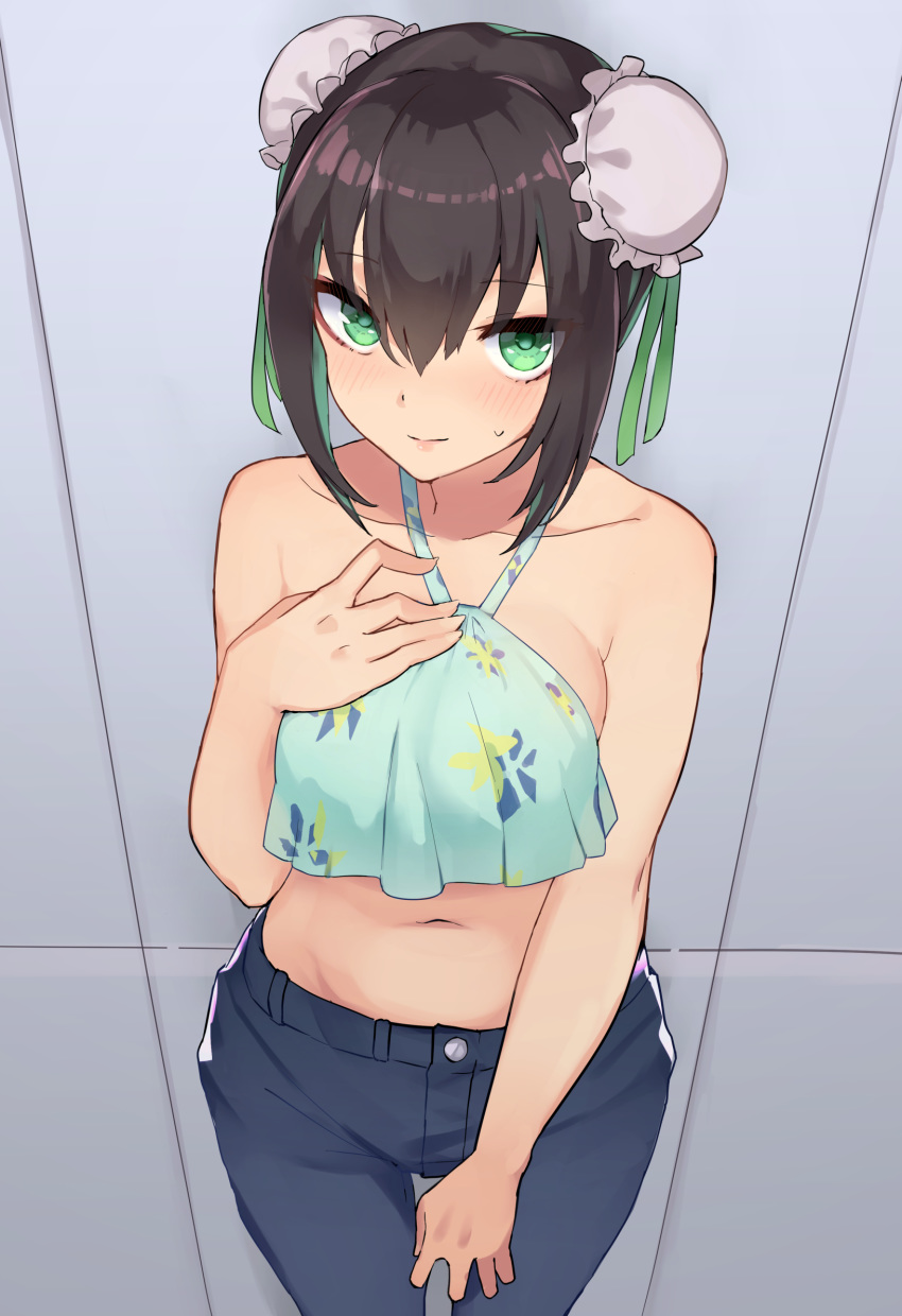 bad_id bad_pixiv_id bare_shoulders black_hair black_pants blush breasts bun_cover closed_mouth collarbone contemporary double_bun fate/grand_order fate_(series) female green_eyes green_ribbons gyuu_kaku_(gyu400) hair_between_eyes hair_bun hair_ribbon halterneck hand_on_own_chest highres large_breasts long_hair looking_at_viewer navel official_alternate_costume pants qin_liangyu_(fate) ribbon sidelocks solo thighs