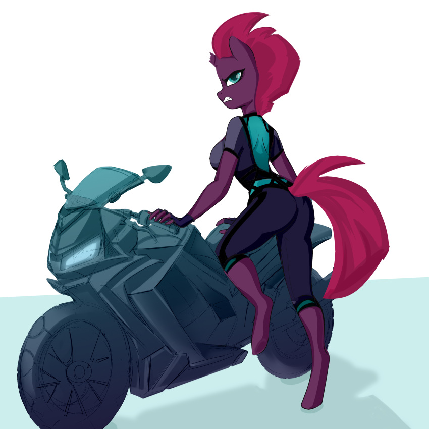 1:1 2020 5_fingers absurd_res anthro ass breasts broken_horn clothing equid equine female fingerless_gloves fingers friendship_is_magic frown gloves hair handwear hasbro hi_res hooves horn looking_at_viewer mammal motorcycle my_little_pony my_little_pony:_the_movie_(2017) mythological_creature mythological_equine mythology pink_hair pink_tail shooshaa simple_background solo tail tempest_shadow_(mlp) tight_clothing unicorn uniform vehicle white_background