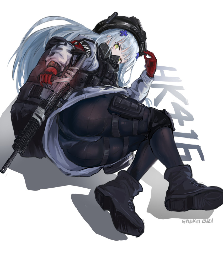 ass assault_rifle backpack bag boots commentary female girls'_frontline gloves green_eyes gun h&k_hk416 hair_ornament helmet highres hk416_(fang)_(girls'_frontline) hk416_(girls'_frontline) last_man_battalion long_hair long_sleeves looking_at_viewer lying mask military official_alternate_costume on_side panties panties_under_pantyhose pantyhose pouch red_gloves respirator rifle rogue_division_agent sawkm thigh_pouch tom_clancy's_the_division underwear uniform weapon white_background white_hair winter_uniform