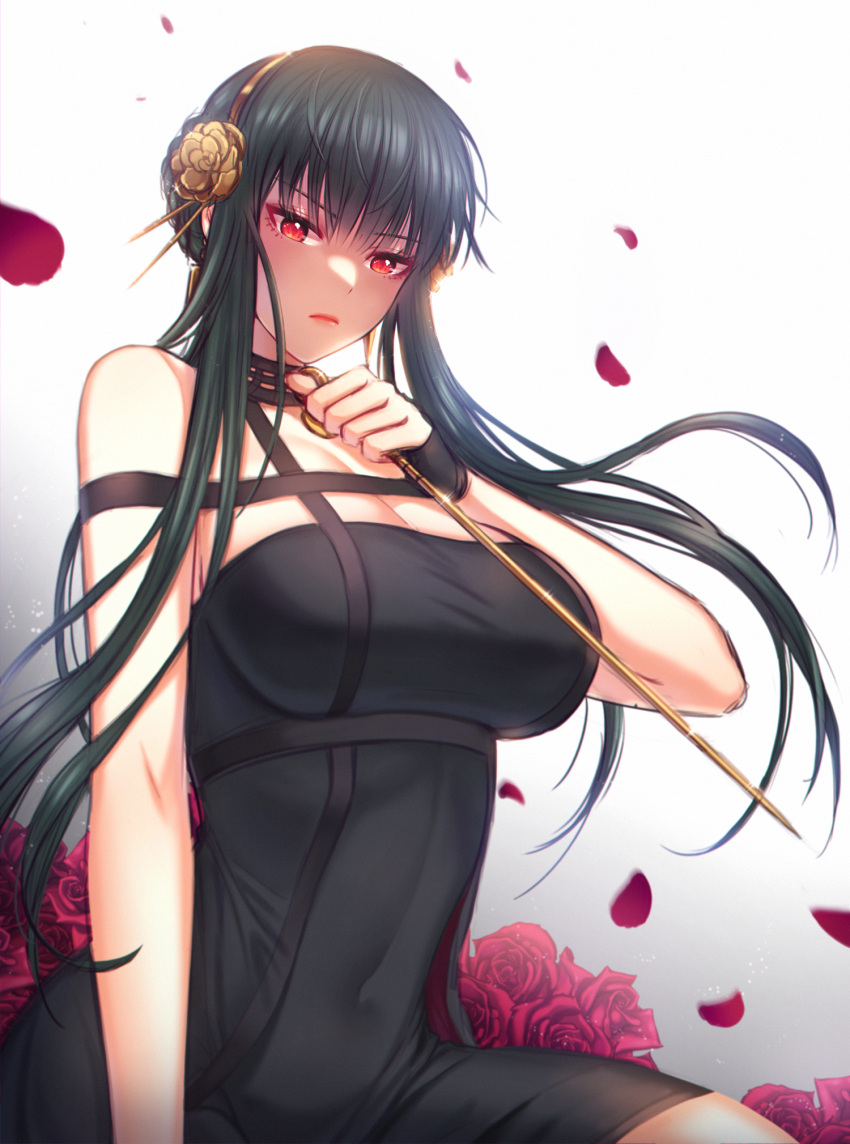 bare_shoulders black_dress black_gloves black_hair breasts cleavage closed_mouth covered_navel dagger dress earrings female fingerless_gloves flower gloves gold_earrings gold_hairband gradient_background hair_flower hair_ornament hairband highres holding holding_weapon jewelry knife long_hair looking_at_viewer looking_down petals raoul_(raoul77) red_eyes red_flower red_rose rose sidelocks simple_background sleeveless sleeveless_dress solo spikes spy_x_family upper_body weapon white_background yor_briar