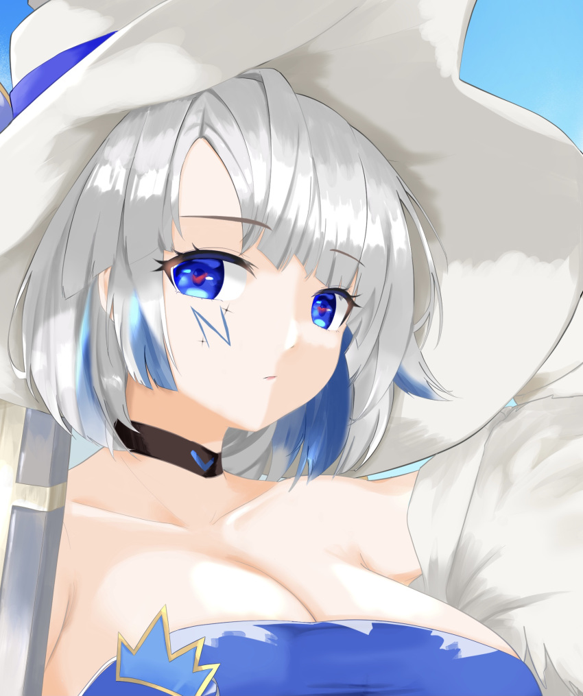 alchemy_stars azure_(alchemy_stars) bare_shoulders black_choker blue_dress blue_eyes blue_hair breasts choker cleavage collarbone commentary_request dress facial_mark female highres kijipe large_breasts looking_at_viewer multicolored_hair off_shoulder short_hair solo strapless strapless_dress upper_body white_hair white_headwear