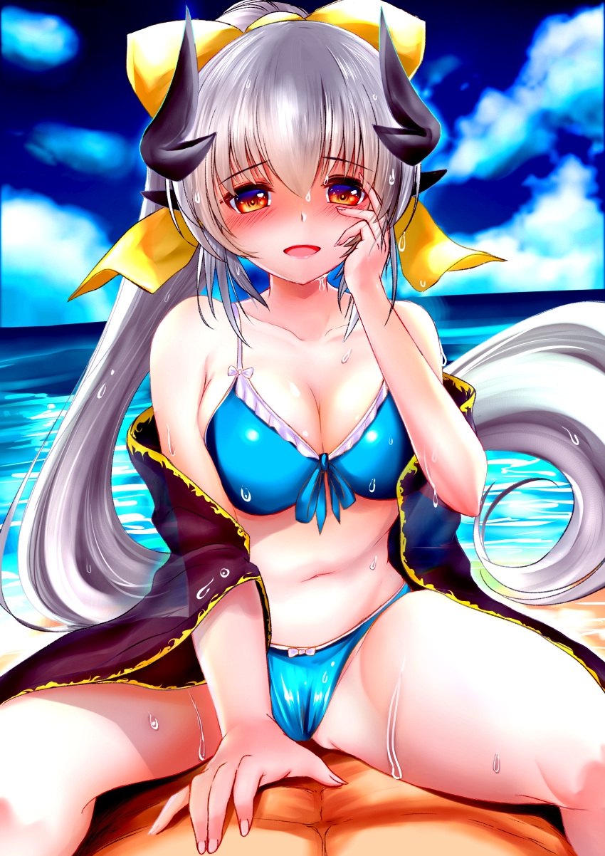 :d absurdres bare_shoulders bikini blue_bikini blush bow breasts cleavage cloud collarbone commentary_request day dragon_girl dragon_horns fate/grand_order fate_(series) female grey_hair hand_on_own_face highres horns izumikuu kiyohime_(fate) kiyohime_(swimsuit_lancer)_(fate) kiyohime_(swimsuit_lancer)_(third_ascension)_(fate) large_breasts long_hair looking_at_viewer midriff multiple_horns navel open_mouth orange_eyes ponytail revision smile solo_focus straddling straight swimsuit very_long_hair yellow_bow