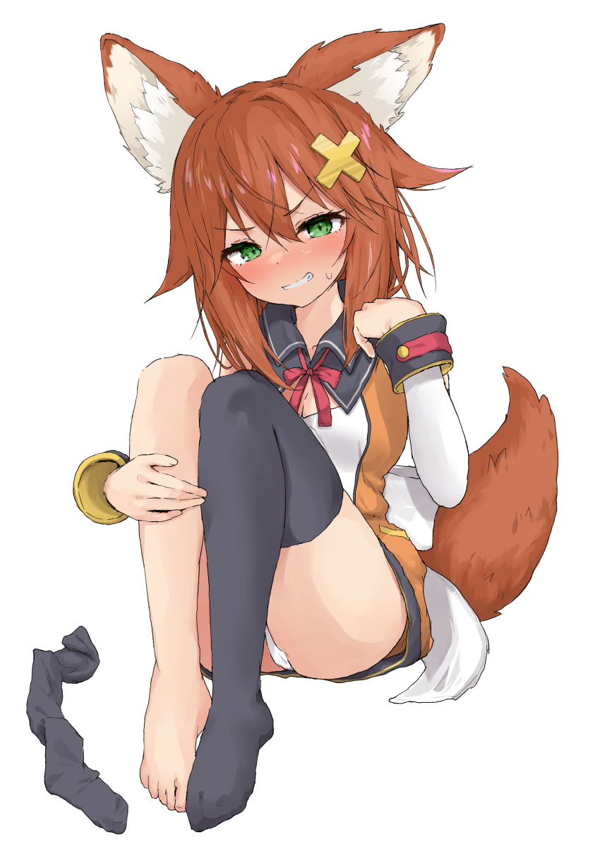 absurdres animal_ears barefoot black_thighhighs brown_hair feet female fox_ears fox_tail full_body green_eyes grin hair_ornament hand_up highres indie_virtual_youtuber long_hair looking_at_viewer neck_ribbon nekoname_tuna no_shoes orange_shirt panties panty_peek red_ribbon ribbon shirt simple_background single_thighhigh sitting smile solo tail thighhighs toes underwear virtual_youtuber white_background white_panties x_hair_ornament yakihebi