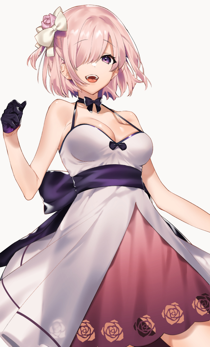 :d absurdres bare_shoulders blush breasts choker cleavage collarbone commentary dress fate/grand_order fate_(series) female floral_print gloves hair_ornament hair_over_one_eye highres large_breasts light_purple_hair looking_at_viewer mash_kyrielight mash_kyrielight_(fgo_x_takarazuka_kinen) official_alternate_costume open_mouth purple_eyes purple_gloves purple_skirt rose_print sash short_hair simple_background sino42 skirt smile teeth upper_teeth_only white_background white_dress