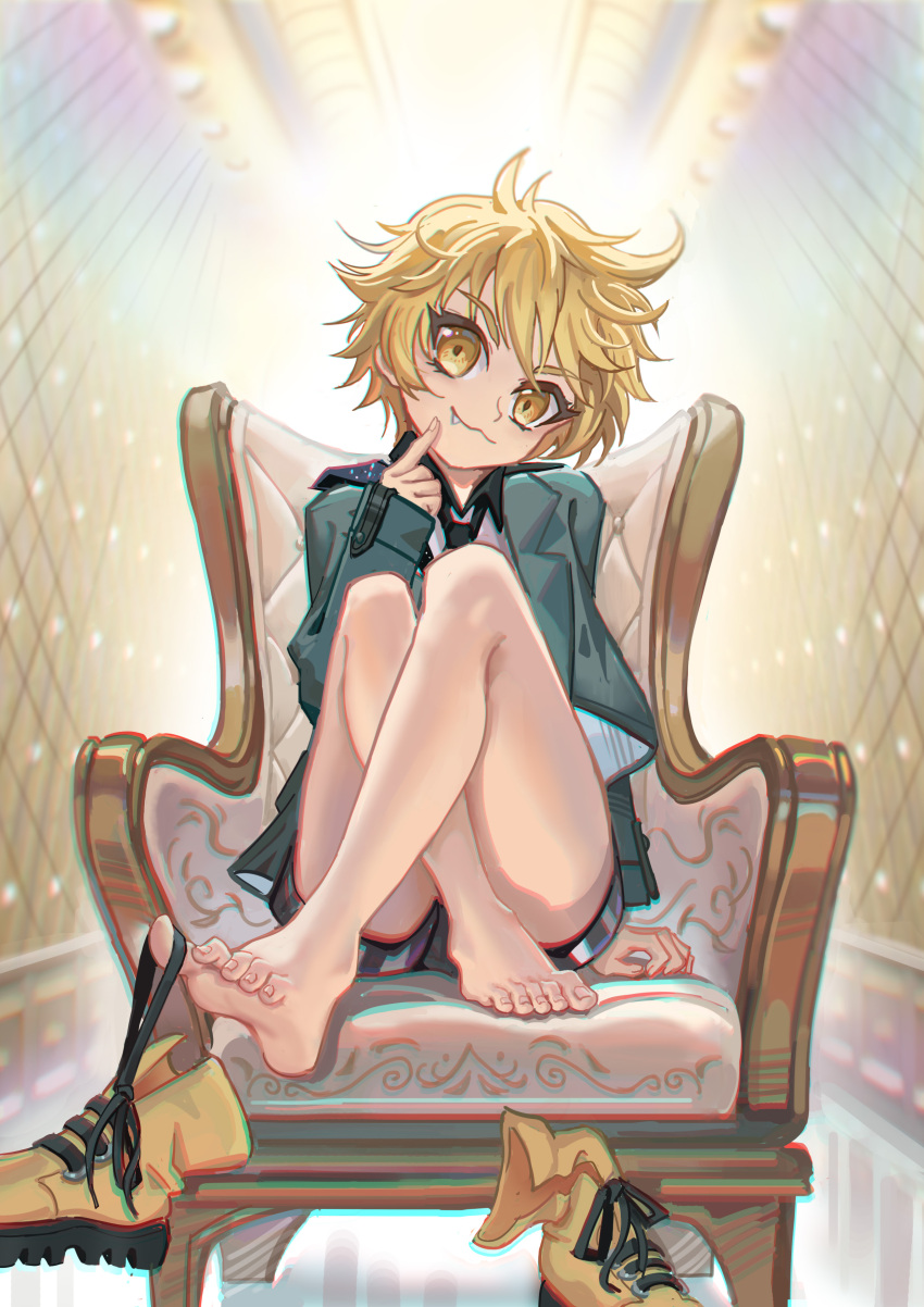 1boy absurdres ashikaga_hyouta bare_legs barefoot between_toes bishounen_series blonde_hair chair closed_mouth crossed_legs evil_grin evil_smile extreme_dangling feet finger_to_own_chin grin highres lolicon male_focus necktie oerba_yun_fang pointing pointing_at_self shoe_dangle shorts sitting slit_pupils smile soles solo teeth toes whinghope yellow_eyes