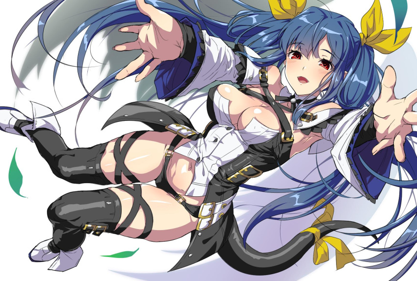 armpit_peek asymmetrical_wings belt black_panties black_thighhighs blue_hair breasts choker collarbone commentary_request detached_sleeves dizzy_(guilty_gear) female guilty_gear guilty_gear_xrd hair_ribbon highres large_breasts long_hair looking_at_viewer midriff monster_girl navel panties reaching reaching_towards_viewer red_eyes ribbon solo spanking_momoko tail tail_ornament tail_ribbon thigh_strap thighhighs underwear wings yellow_ribbon