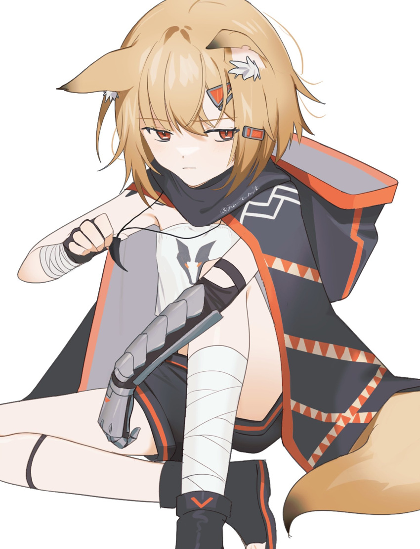 animal_ear_fluff animal_ears arknights bandaged_arm bandaged_leg bandages black_footwear black_shorts blonde_hair boots cloak closed_mouth female frown gauntlets highres hood hood_down hooded_cloak inu_to_milk jewelry knee_up looking_at_viewer orange_eyes pendant shirt short_hair short_shorts shorts simple_background single_gauntlet sitting solo strapless strapless_shirt twitter_username vermeil_(arknights) white_background white_shirt