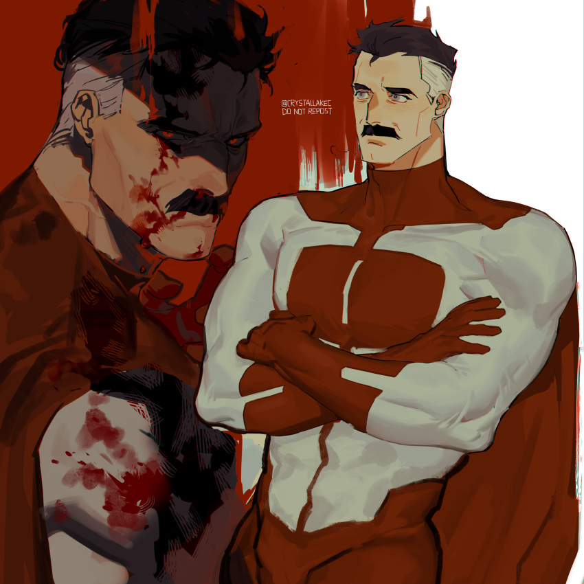 1boy absurdres black_hair blood blood_on_clothes blood_on_face bodysuit cape crossed_arms crystallakec facial_hair gloves highres invincible_(series) male_focus mature_male moustache multicolored_hair muscular muscular_male nolan_grayson omni-man red_bodysuit red_cape red_eyes red_gloves short_hair thick_mustache twitter_username two-tone_bodysuit two-tone_hair white_bodysuit white_hair