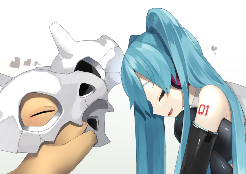 bare_shoulders black_gloves closed_eyes commentary crossover cubone elbow_gloves eyelashes female from_side gloves grey_shirt hatsune_miku heart highres holding long_hair number_tattoo open_mouth pokemon pokemon_(creature) reirou_(chokoonnpu) shirt skull smile symbol-only_commentary tattoo tongue vocaloid