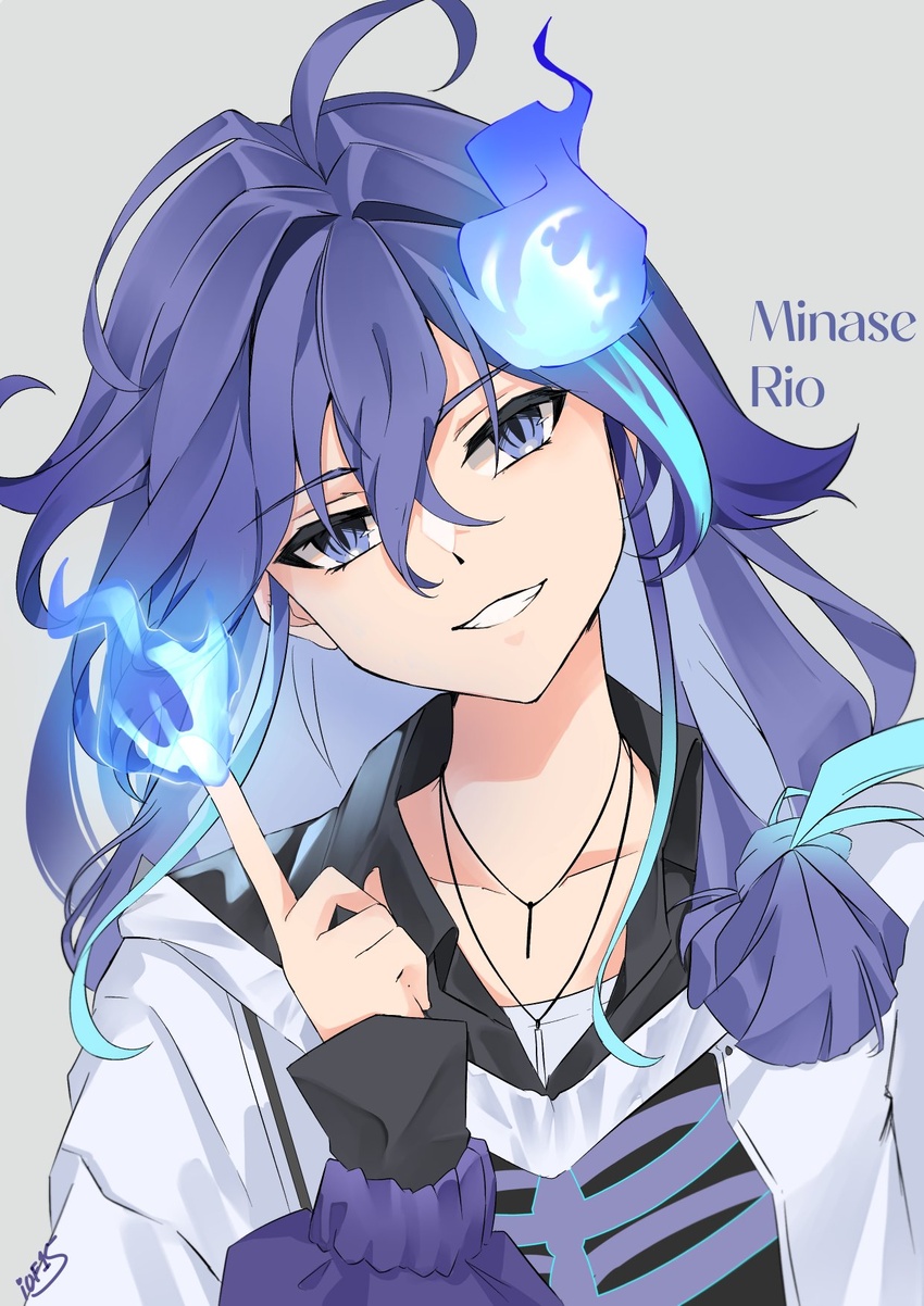 1boy ahoge airani_iofifteen_(artist) androgynous aqua_hair black_shirt blue_eyes blue_fire blue_hair breastless_clothes character_name collarbone fire grin highres hitodama holostars jacket long_hair looking_at_viewer male_focus minase_rio multicolored_hair necktie shirt skeleton_print smile solo virtual_youtuber white_jacket