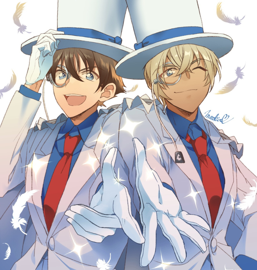 2boys :d ;) amuro_tooru arm_up blonde_hair blue_eyes blue_shirt brown_hair cape closed_mouth collared_shirt commentary_request cosplay dreaming182 dress_shirt falling_feathers feathers formal gloves hair_between_eyes hand_on_headwear happy hat jacket kaitou_kid kaitou_kid_(cosplay) long_sleeves looking_at_viewer magic_kaito male_focus matching_outfits meitantei_conan monocle monocle_chain multiple_boys necktie one_eye_closed open_mouth outstretched_hand red_necktie shirt short_hair side-by-side signature simple_background smile sparkle suit teeth top_hat upper_body upper_teeth_only white_background white_cape white_feathers white_gloves white_headwear white_jacket white_suit