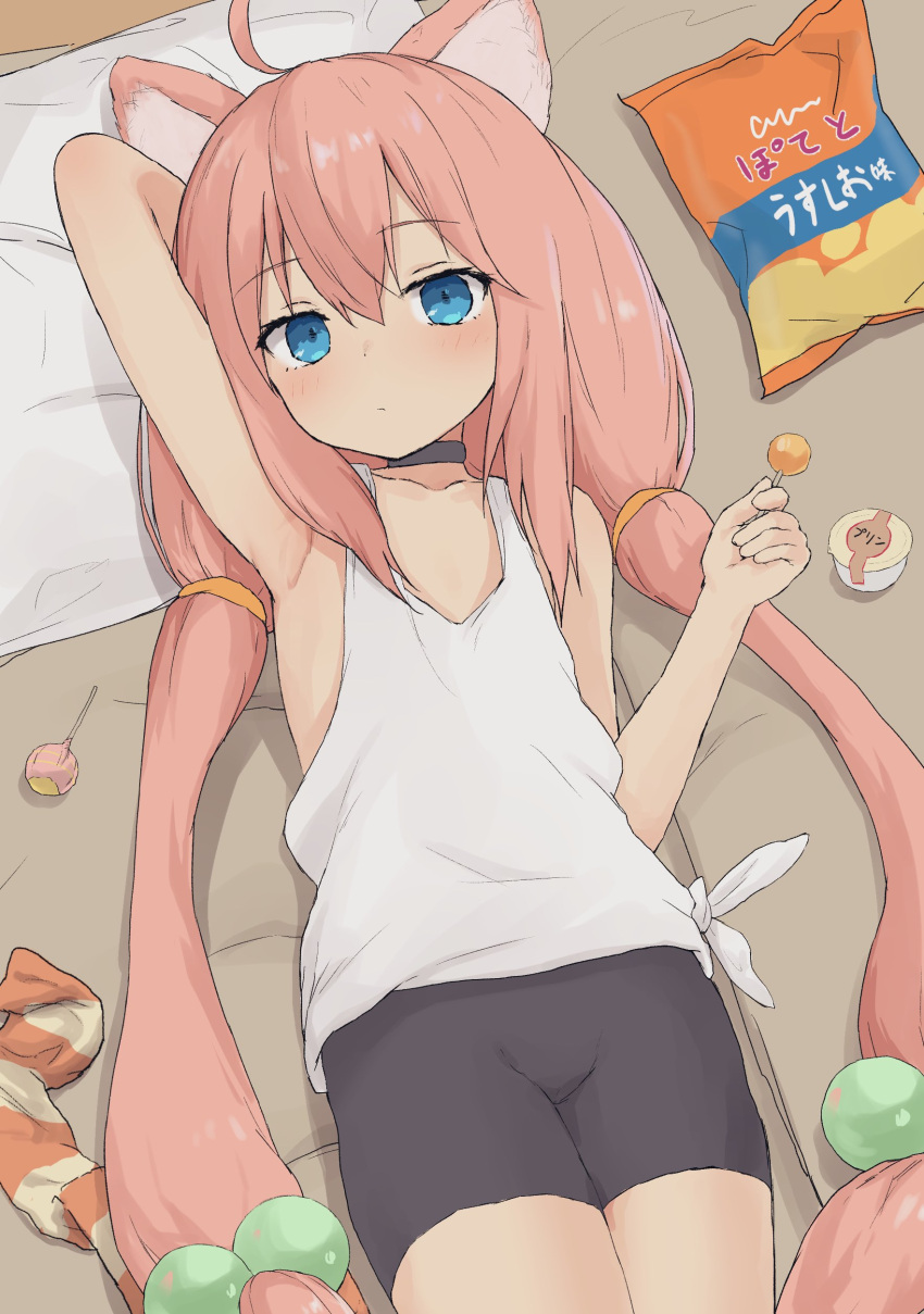 absurdres ahoge animal_ears armpits bad_id bad_twitter_id bike_shorts black_choker blue_eyes candy cat_ears choker female flat_chest food hair_bobbles hair_ornament highres hinata_channel holding holding_candy holding_food holding_lollipop lollipop long_hair looking_at_viewer low-cut_armhole lying nekomiya_hinata on_back pink_hair sleeveless solo tank_top very_long_hair virtual_youtuber white_tank_top yakihebi