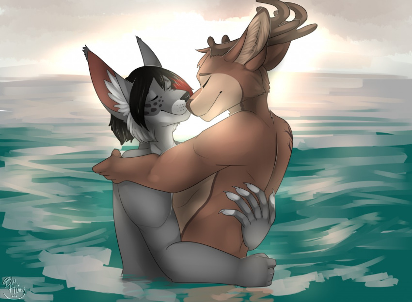 bluhuny closed_eyes clothed clothing deer duo felid feline heart_symbol highlights_(coloring) hug love lynx male male/male mammal nose_to_nose sharlow sira soft_lighting topless water