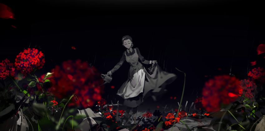 apron black_background black_dress black_hair black_legwear boots brown_footwear closed_eyes closed_mouth collar commentary_request dress facing_viewer female flower grass hair_bun highres holding holding_watering_can isabella_(yakusoku_no_neverland) long_sleeves rain red_flower simple_background single_hair_bun skirt_hold smile standing watering watering_can white_apron yakusoku_no_neverland yala1453