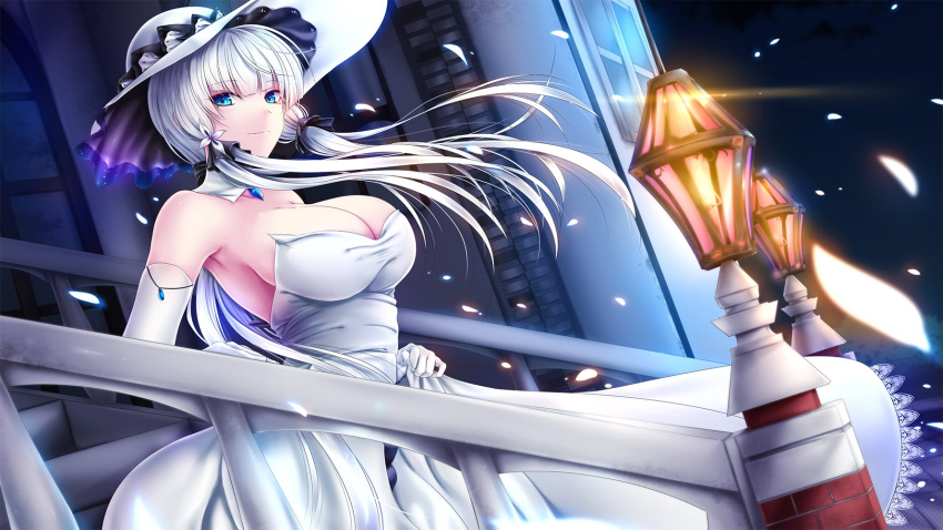 akeyama_kitsune azur_lane blue_eyes breasts collarbone commentary day dress elbow_gloves female gloves hair_ribbon hat highres illustrious_(azur_lane) jewelry large_breasts long_hair looking_at_viewer low_ponytail mole mole_under_eye outdoors ponytail ribbon sidelocks sky sun_hat tress_ribbon white_dress white_gloves white_hair