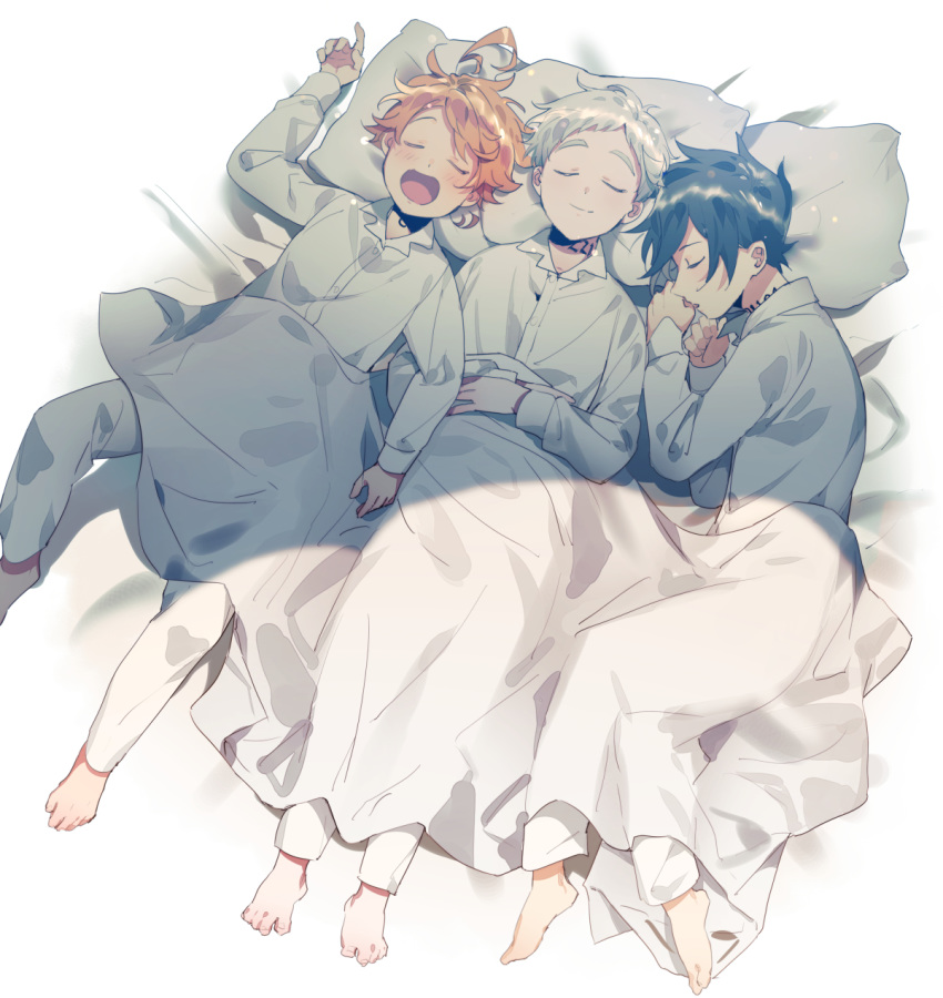 2boys ahoge arm_up barefoot bed bed_sheet black_hair blanket blush closed_eyes closed_mouth collar collared_shirt commentary emma_(yakusoku_no_neverland) facing_viewer female from_above from_side full_body hand_on_own_stomach highres light long_sleeves lying multiple_boys neck_tattoo norman_(yakusoku_no_neverland) number_tattoo on_back on_side open_mouth orange_hair pants parted_lips pillow ray_(yakusoku_no_neverland) shadow shirt short_hair simple_background smile tattoo thick_eyebrows white_hair white_pants white_shirt yakusoku_no_neverland yala1453