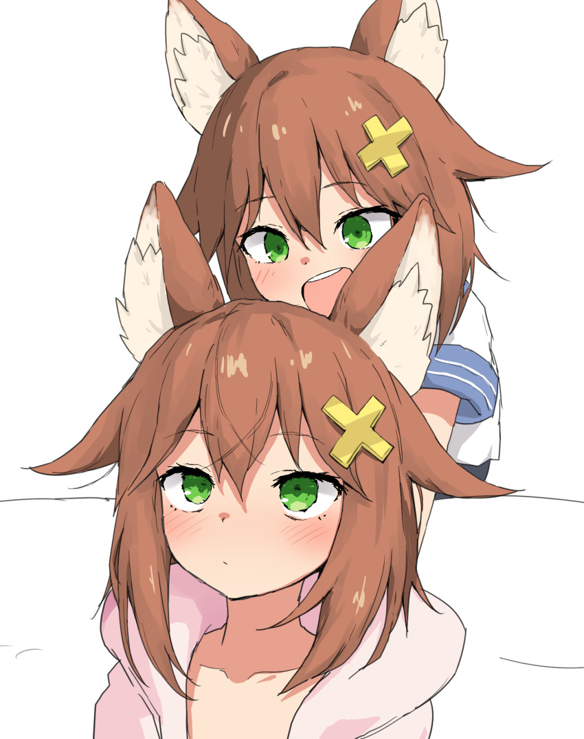 2girls :d animal_ears blush closed_mouth dual_persona fox_ears green_eyes hair_ornament highres hood hood_down indie_virtual_youtuber multiple_girls nekoname_tuna open_mouth shirt short_sleeves simple_background smile teeth upper_teeth_only virtual_youtuber white_background white_shirt x_hair_ornament yakihebi