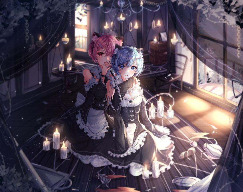 animal_ears artist_revision cleavage maid nekomimi pantyhose ram_(re_zero) re_zero_kara_hajimeru_isekai_seikatsu rem_(re_zero) wine_(2148_wine) yuri