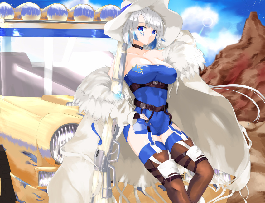 absurdres alchemy_stars azure_(alchemy_stars) bare_shoulders belt black_belt black_choker blue_dress blue_eyes blue_hair blue_sky blue_thighhighs boots breasts brown_footwear choker cleavage cloud coat commentary_request covered_navel day dress facial_mark feet_out_of_frame female ground_vehicle gun highres kijipe large_breasts looking_at_viewer mountain multicolored_hair off_shoulder open_clothes open_coat outdoors pencil_dress rifle short_hair sky solo strapless strapless_dress thigh_boots thighhighs thighs weapon white_coat white_hair white_headwear