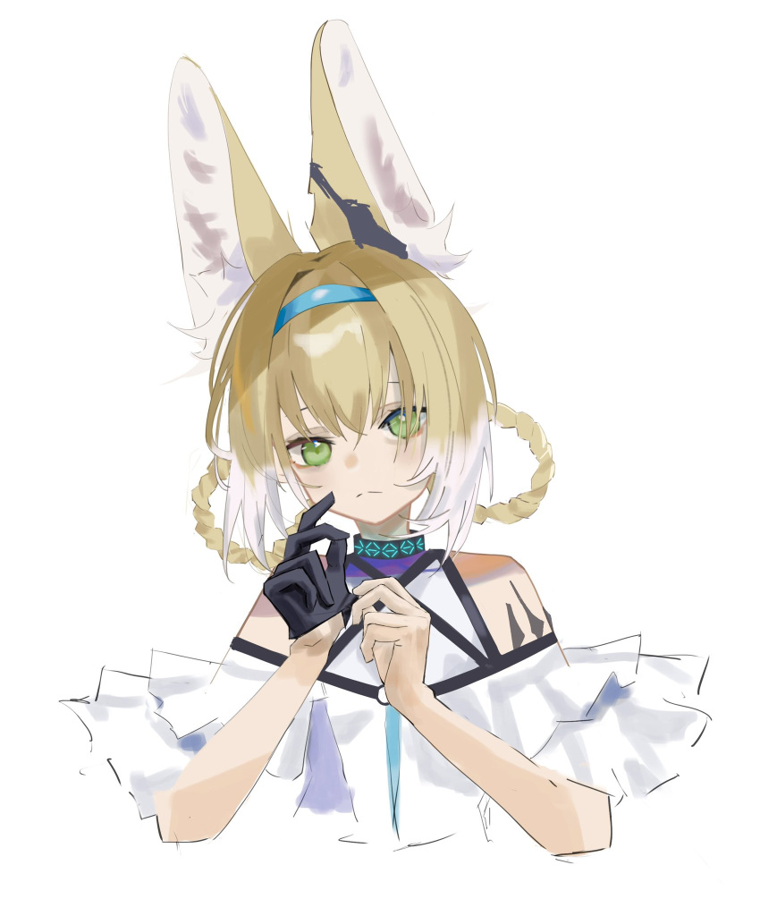 adjusting_clothes adjusting_gloves animal_ear_fluff animal_ears arknights bare_shoulders black_gloves blonde_hair blue_hairband braid braided_hair_rings closed_mouth commentary_request cropped_torso enne_kl eyebrows_hidden_by_hair female fox_ears gloves green_eyes hair_between_eyes hair_rings hairband hands_up head_tilt highres infection_monitor_(arknights) looking_at_viewer material_growth multicolored_hair oripathy_lesion_(arknights) shirt simple_background single_glove solo suzuran_(arknights) twin_braids two-tone_hair upper_body white_background white_hair white_shirt