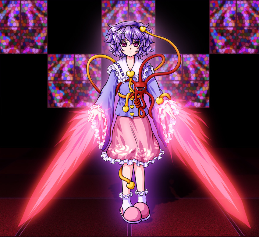 commentary_request energy_blade female floral_print fue_(fuef) hairband heart komeiji_satori purple_eyes purple_hair short_hair slippers smile socks solo stained_glass third_eye touhou